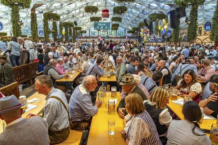 Framed Print : Visitors in the Hofbrau marquee at the Oktoberfest 2024 in Munich