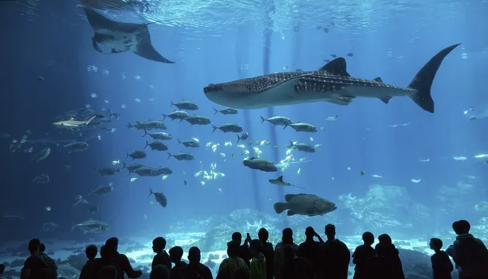 Framed Print : Visitors in front of a huge aquarium with manta ray (Manta sp) Framed Print : Visitors in front of a huge aquarium with manta ray (Manta sp)