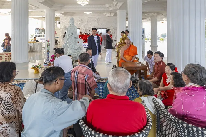 Framed Print : Visitors with monk at the Guan Yin (Goddess of Mercy)
