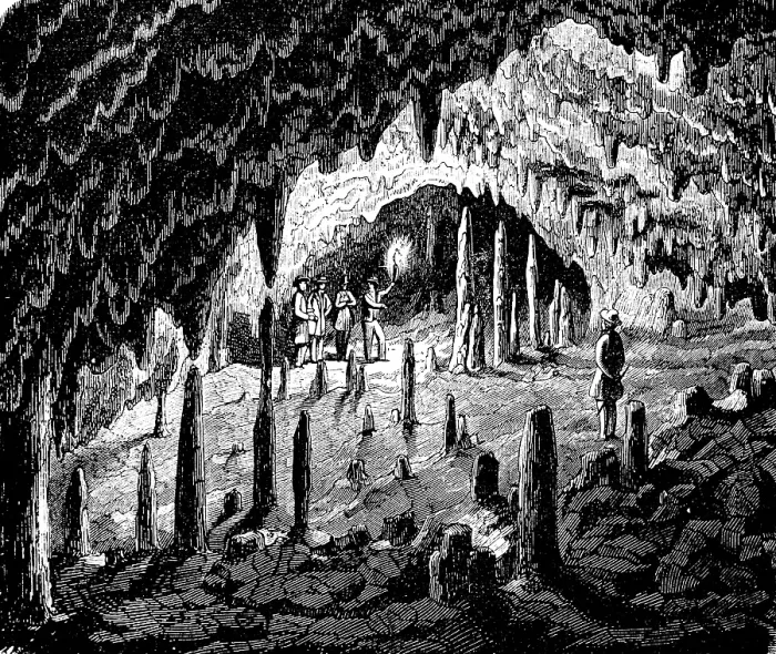 Framed Print : Visitors in a stalactite cave in Westphalia, stalactites, stalagmites, torch, light, history of mankind, Germany, historical illustration1880, Europe