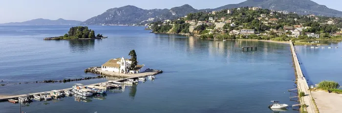 Framed Print : Vlacherna Monastery and Mouse Island in the Mediterranean from above Panorama on the island of Corfu
