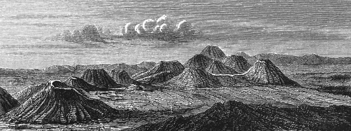 Framed Print : Volcanic chains in the volcanic landscape of the Auvergne, Massif Central in southern France, geological history, geography, historical illustration 1888