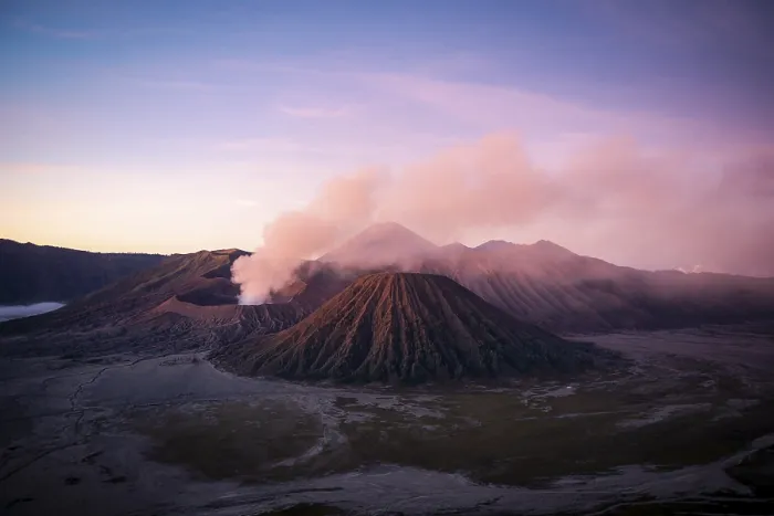 Framed Print : Volcanic landscape at sunrise, smoking volcano Gunung Bromo Framed Print : Volcanic landscape at sunrise, smoking volcano Gunung Bromo