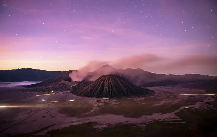 Framed Print : Volcanic landscape at sunrise with starry sky Framed Print : Volcanic landscape at sunrise with starry sky