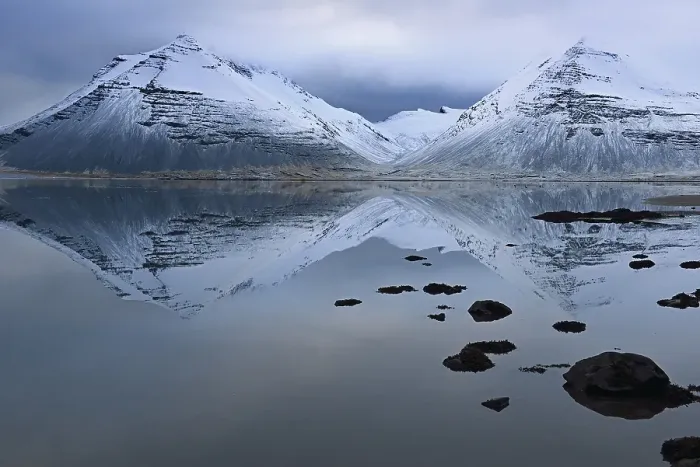 Framed Print : Volcanic mountains in winter with reflection in the water Framed Print : Volcanic mountains in winter with reflection in the water