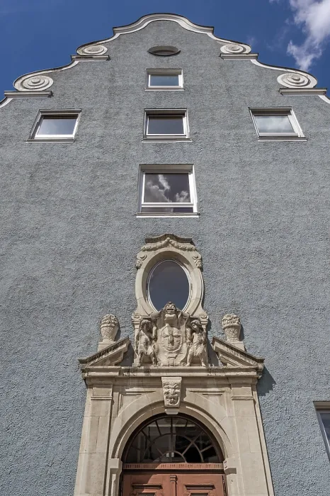 Framed Print : Volute gable and classicist tympanum above the Tor tor of the secondary school