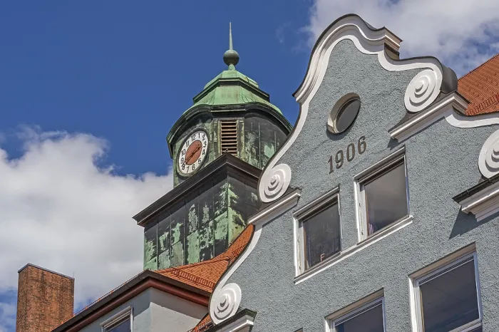 Framed Print : Volute gable and tower with clock