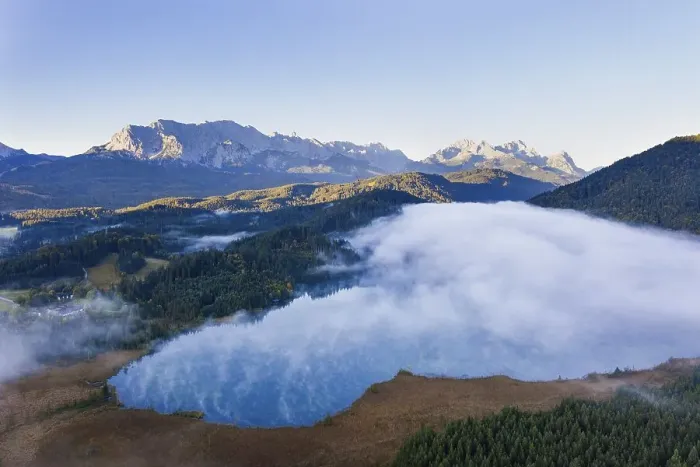 Framed Print : Wafts of fog over Lake Barmsee near Kruen