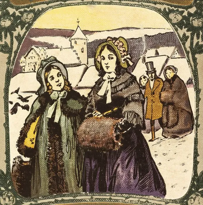 Framed Print : Walk on a wintry Sunday, wealthy parents and children dressed warmly in furs
