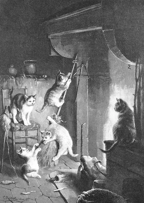 Framed Print : Walpurgis Night of cats trying to ride a broom