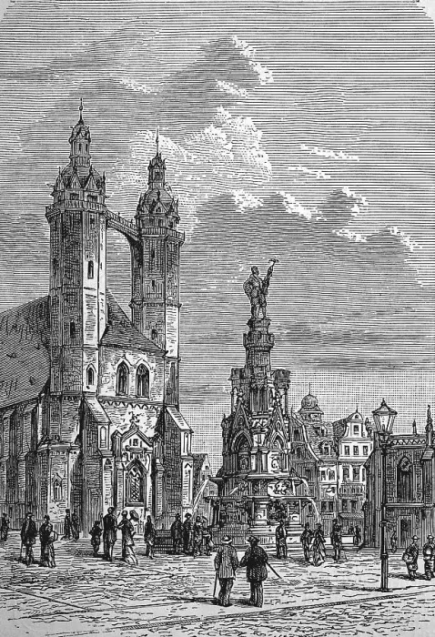 Framed Print : The war memorial and St Mary's Church in Halle