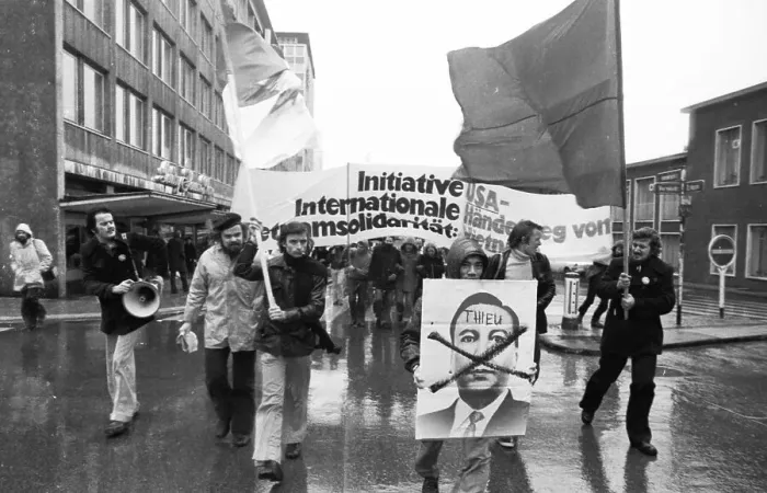 Framed Print : Against the war in Vietnam, supporters of the peace movement demonstrated in Essen