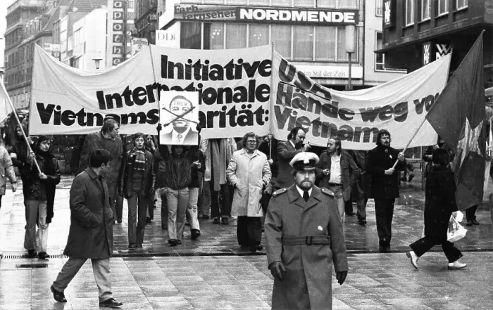 Framed Print : Against the war in Vietnam, supporters of the peace movement demonstrated in Essen