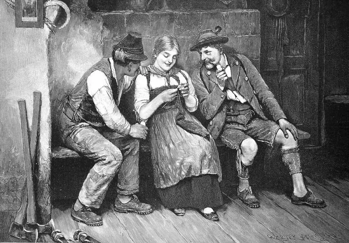 Framed Print : A warm place, at the tiled stove the farmer's daughter is sitting and knitting Framed Print : A warm place, at the tiled stove the farmer's daughter is sitting and knitting