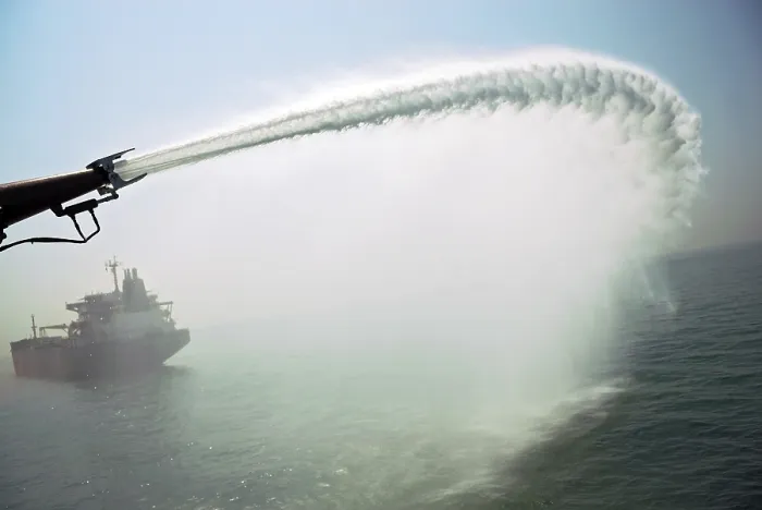 Framed Print : Water cannon on coastguard vigilance ship