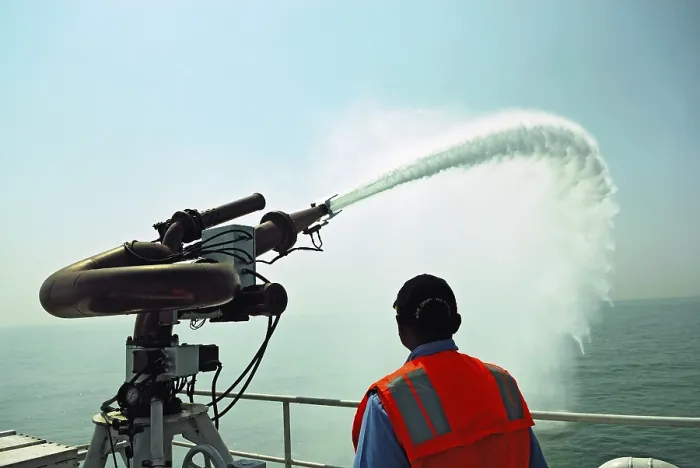 Framed Print : Water cannon on coastguard vigilance ship Framed Print : Water cannon on coastguard vigilance ship