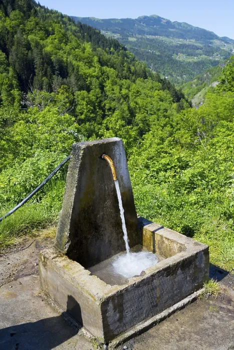 Framed Print : Water flows from a rustic well with a green forested mountain backdrop