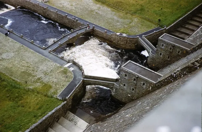 Framed Print : Water outflow from the sluice gates of Claerwen Reservoir, Elan Valley, Powys, Wales, United Kingdom, late 1950s, Europe Framed Print : Water outflow from the sluice gates of Claerwen Reservoir, Elan Valley, Powys, Wales, United Kingdom, late 1950s, Europe