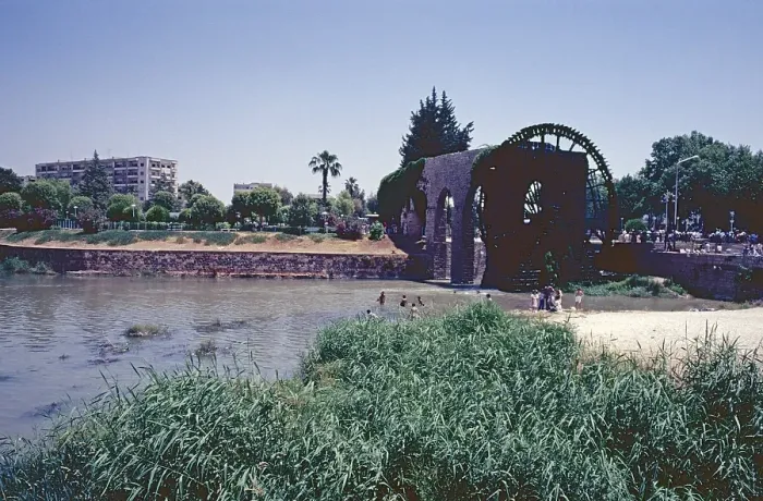 Framed Print : Water wheel, Noria, Hama, Orontes River, Hama Governorate, Syria, May 1987, vintage, retro, old, historic, Asia