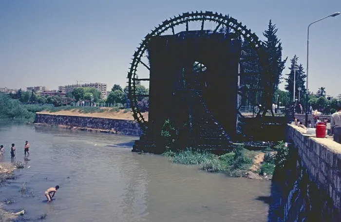 Framed Print : Water wheel, Noria, Hama, Orontes River, Hama Governorate, Syria, May 1987, vintage, retro, old, historic, Asia