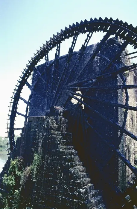 Framed Print : Water wheel, Noria, Hama, Orontes River, Hama Governorate, Syria, May 1987, vintage, retro, old, historic, Asia
