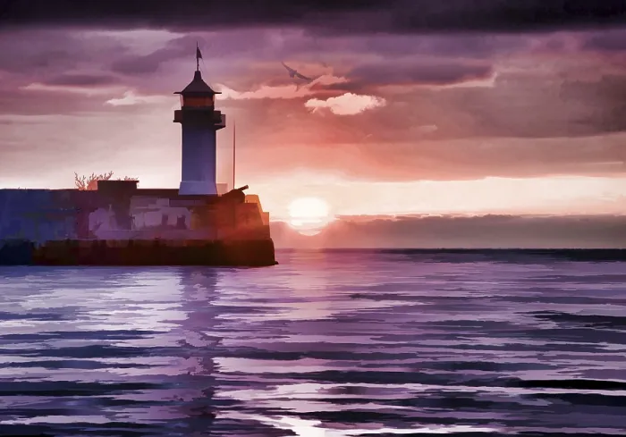 Framed Print : Watercolor style image of lighthouse on sunrise