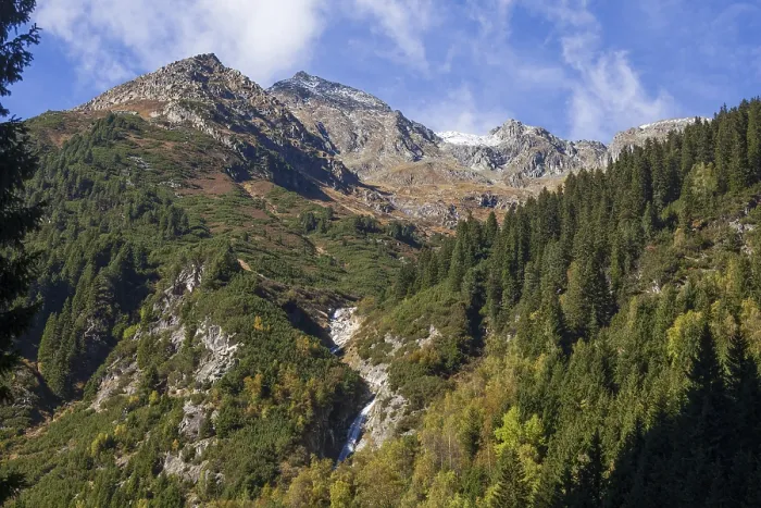 Framed Print : Waterfall, forest and mountains in Mutterberg Valley in autumn