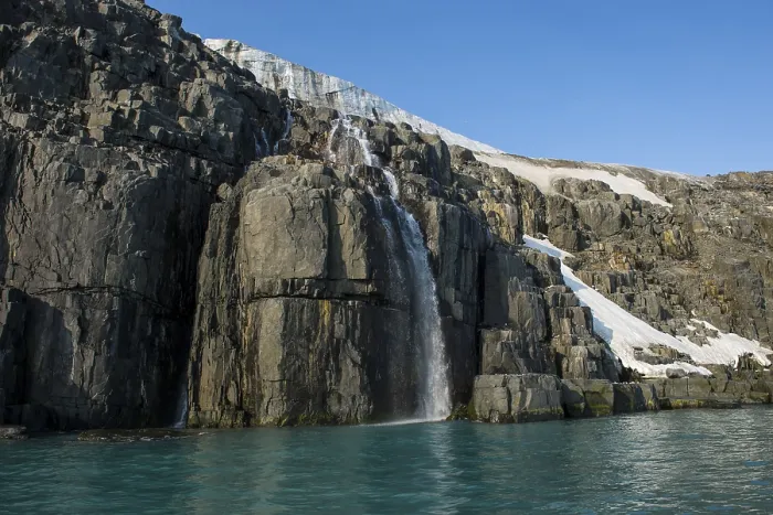 Framed Print : Waterfall in a glacier on Alkefjellet Framed Print : Waterfall in a glacier on Alkefjellet