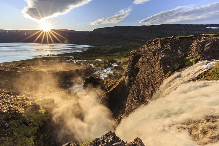 Framed Print : Waterfall, midnight sun, sun star Framed Print : Waterfall, midnight sun, sun star