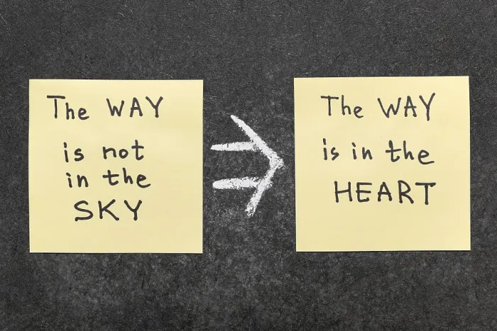 Framed Print : The way is in the heart famous Buddha quote interpretation handwritten on yellow paper notes