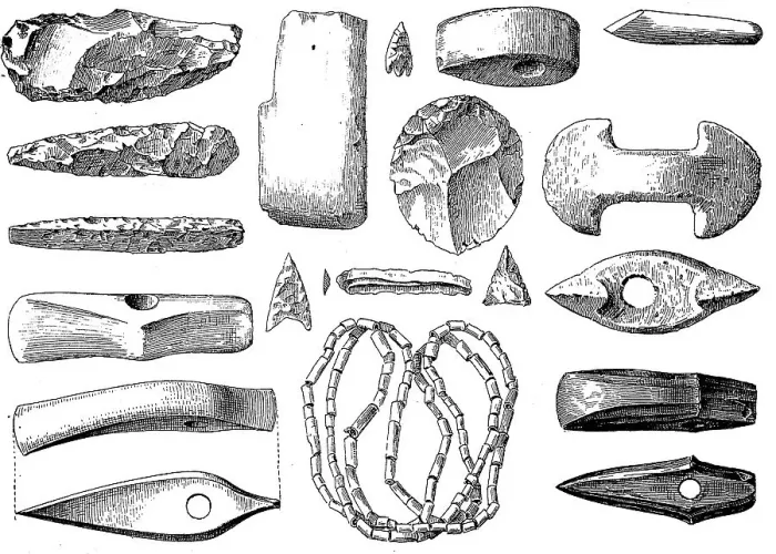 Framed Print : Weapons, jewellery and utensils from the Stone Age
