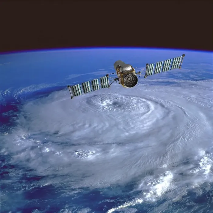 Framed Print : Weather monitoring satellite orbiting over a hurricane Framed Print : Weather monitoring satellite orbiting over a hurricane
