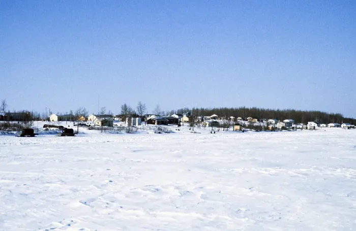 Framed Print : Webequie First Nation Ojibway community, Eastwood Island, Northern Ontario, Canada 1978 General view of villages Building