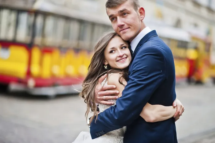 Framed Print : Wedding couple walking on tram ways Framed Print : Wedding couple walking on tram ways