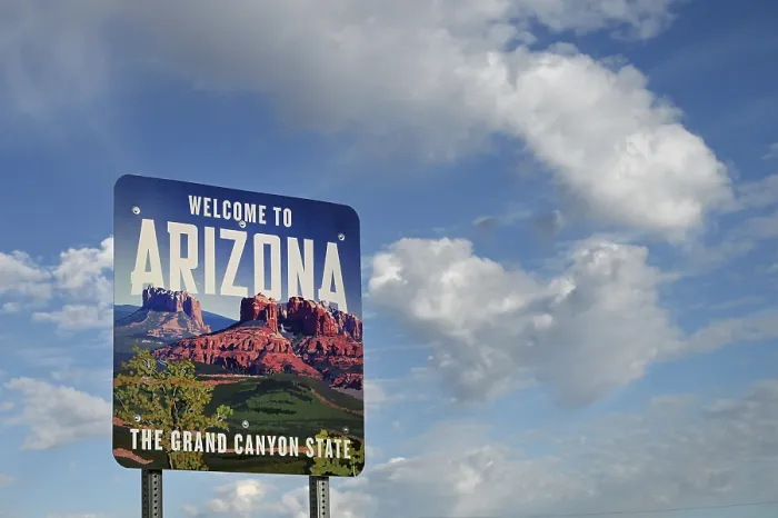Framed Print : Welcome to Arizona, National border sign along Route 66