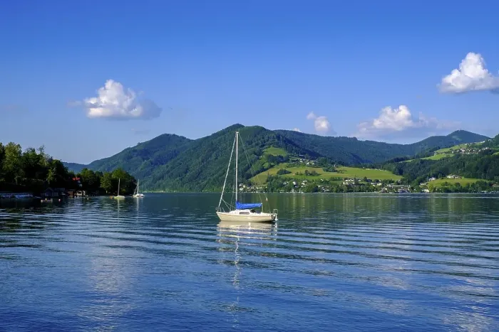 Framed Print : Western shore, near Buchenort, Attersee with Hoellengebirge