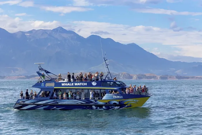 Framed Print : Whale watch boat in front of Kaikoura and the Kaikoura Range with Mt