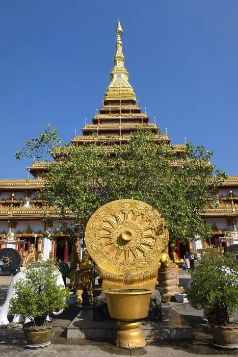 Framed Print : Wheel of Life in front of a nine-story Stupa Phra Mahathat Kaen Kakhon Framed Print : Wheel of Life in front of a nine-story Stupa Phra Mahathat Kaen Kakhon
