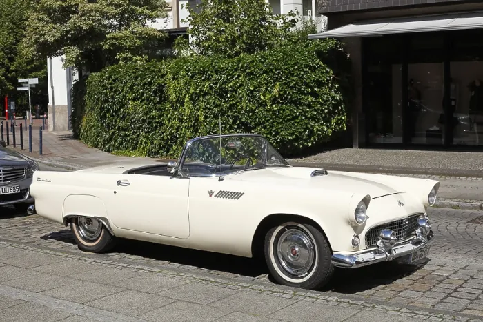 Framed Print : White American Vintage Ford Thunderbird Convertible Standing on the Road Framed Print : White American Vintage Ford Thunderbird Convertible Standing on the Road