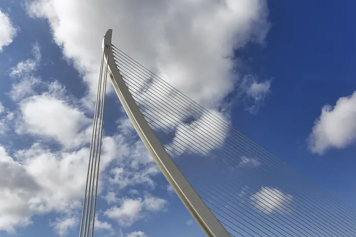 Framed Print : White cable-stayed bridge in the shape of a harp Framed Print : White cable-stayed bridge in the shape of a harp