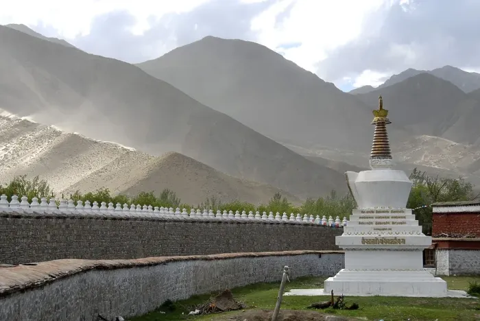 Framed Print : White choerten at wall of Samye Monastery with mountains Tibet China