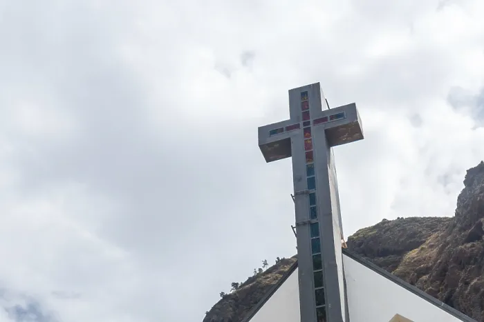 Framed Print : White Church Cross in the village of Paul do Mar in summer in eastern Madeira