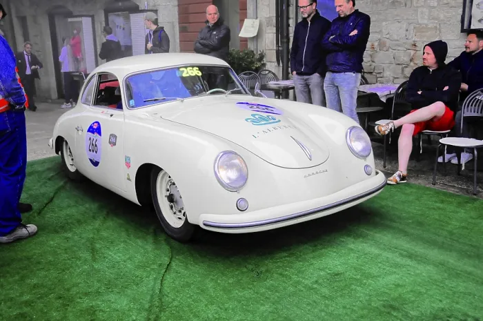 Framed Print : White Porsche Coupe at a classic car rally on green carpet
