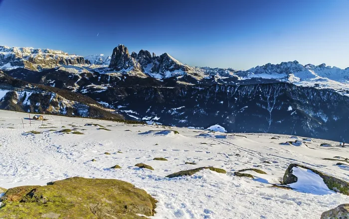 Framed Print : White snowy Dolomites mountains with rocks