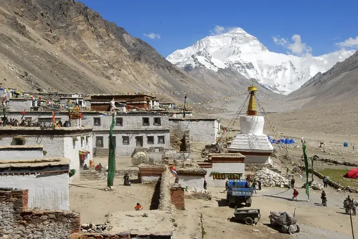 Framed Print : White stupa with colourful prayer flags and Mt