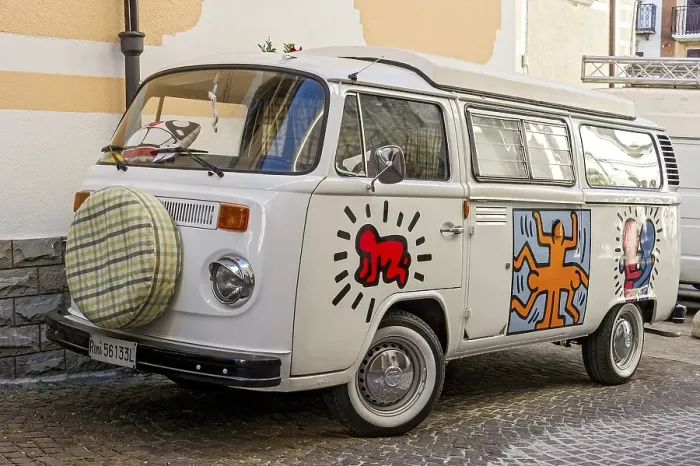 Framed Print : White VW Bus, Camping Bus Volkswagen VW Type 2 T2