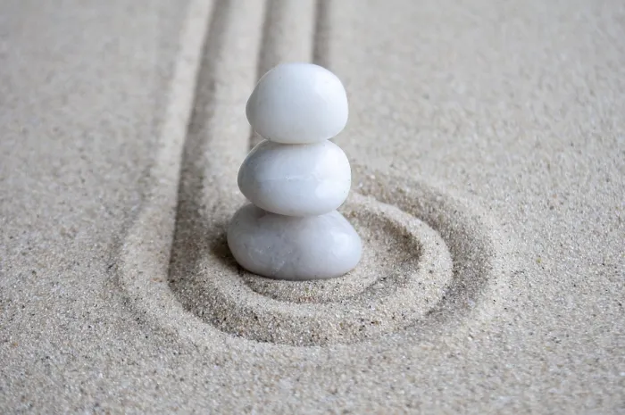 Framed Print : White Zen stones on circles formation with customizable space for text