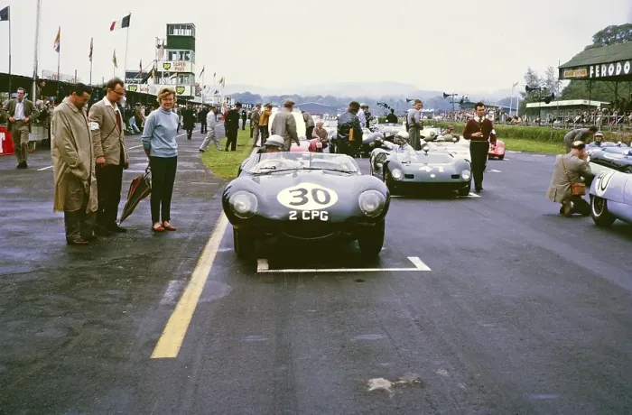 Framed Print : Whitsun Sports Car Race 3 June 1963, John Coundley in the Jaguar D Type on the starting line, Goodwood, England, UK Pat Coundley standing