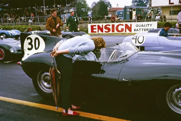 Framed Print : Whitsun sports car race on 3 June 1963, John Coundley in the Jaguar D Type on the starting line, Goodwood, England, UK, his wife Pat leans forward