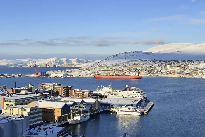 Framed Print : Wide bay with city and Hurtigruten dock Framed Print : Wide bay with city and Hurtigruten dock